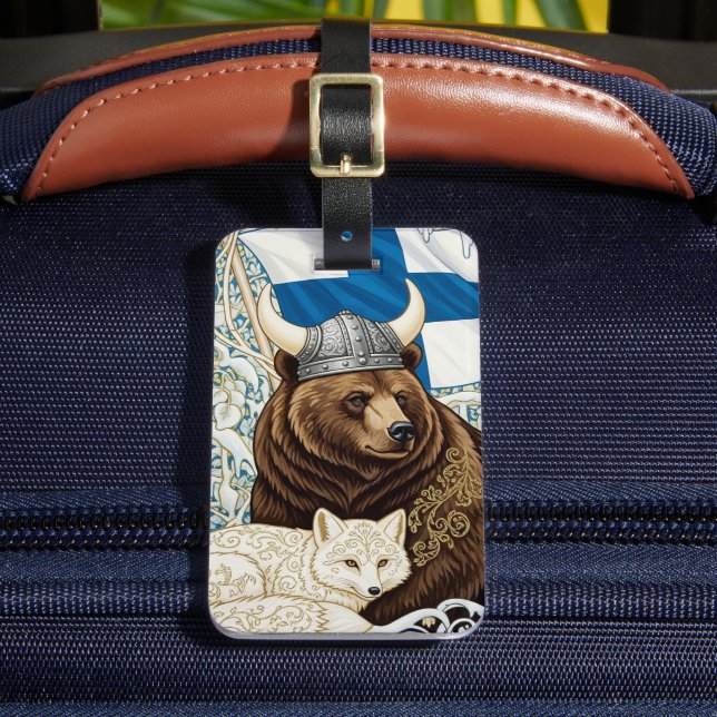 Finnland Viking Bear, Arctic Fox Art Nouveau Gepäckanhänger (Vorderseite Insitu 2)