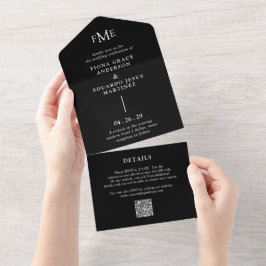 Fiona Black Bold Monogram Modern Wedding All In One Einladung