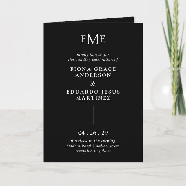 Fiona Black Bold Monogram Modern Wedding Einladung (Vorderseite)