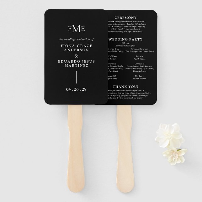 Fiona Black Bold Monogram Modern Wedding Fächer (Vorne und Hinten)