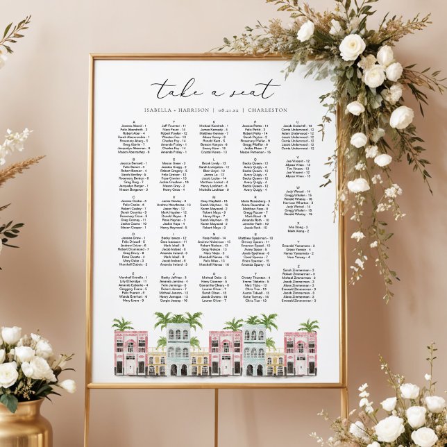 FIONA Charleston SC Sitzplan Poster (Charleston Inspired Rainbow Row Wedding Seating Chart Alphabetical )