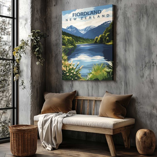 Fiordland New Zealand Travel Poster Canvas Art Leinwanddruck (Fiordland New Zealand Travel Poster Canvas Art by TinkPrints.)