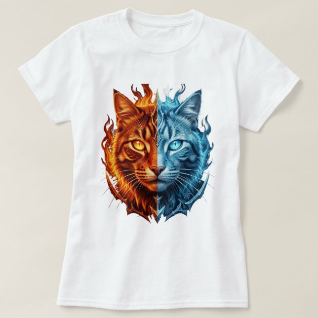 Fire and Ice Cat – Split Elemental Cat Face | T-Shirt (Design vorne)