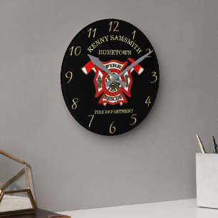 Fire Department Gold And Red Badge With Fire Axes Runde Wanduhr
