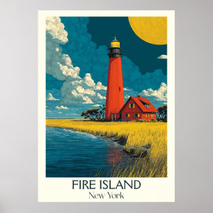 Fire Island New York Vintag Lighthouse Beach Art Poster