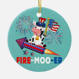 Fire Moo Er Cow Riding Firecracker American Flag Keramik Ornament