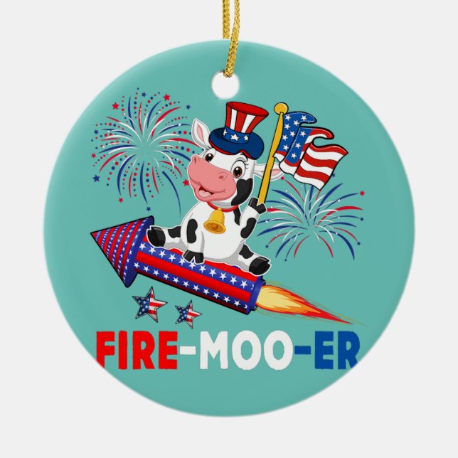 Fire Moo Er Cow Riding Firecracker American Flag Keramik Ornament (Vorne)