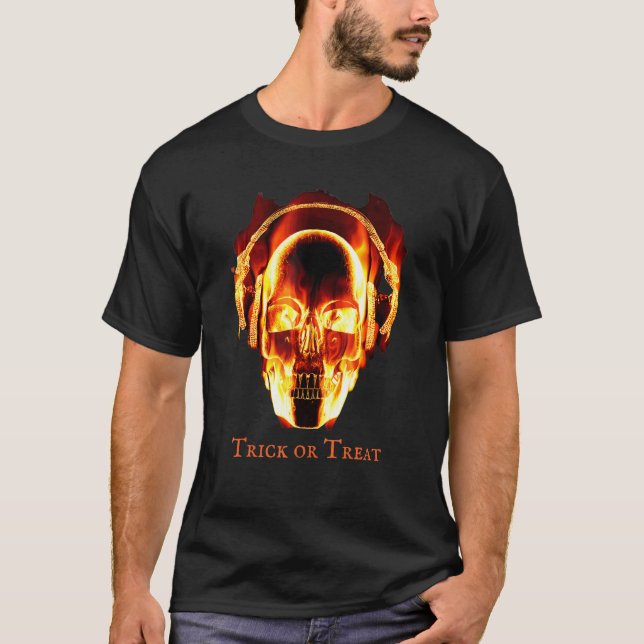 Fire Skeleton Headphones Halloween Costume T-Shirt