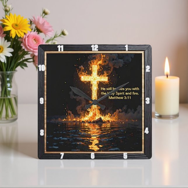 Fire Smoke Cross Baptism Spirit Matthew 3:11 Quadratische Wanduhr (Von Creator hochgeladen)