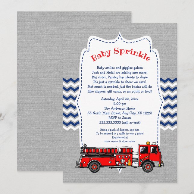 Fire Truck Baby Sprinkle Einladung, marinebräu Einladung (Vorne/Hinten)