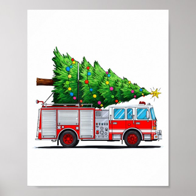 Fire Truck Christmas Tree Xmas Lights Firefighter  Poster (Vorne)