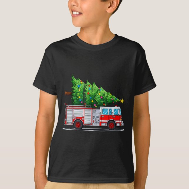 Fire Truck Christmas Tree Xmas Lights Firefighter  T-Shirt (Vorderseite)
