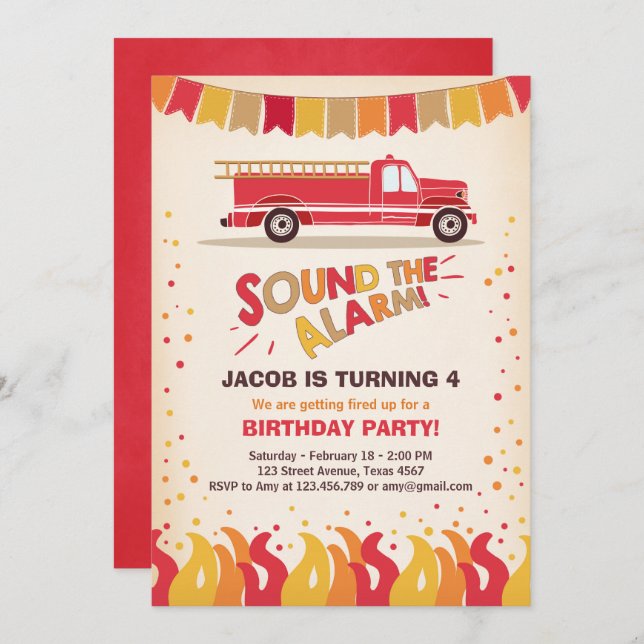 Fire Truck Firefighter Birthday Invitation Boy Einladung (Vorne/Hinten)
