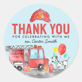 Fire Truck Firefighter Dog Thank You Kids Birthday Runder Aufkleber