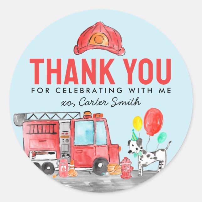 Fire Truck Firefighter Dog Thank You Kids Birthday Runder Aufkleber (Vorderseite)