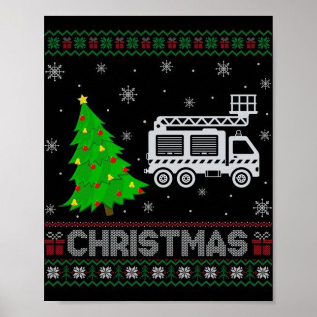 Fire Truck Xmas Tree Lighting Ugly Christmas Sweat Poster (Vorne)
