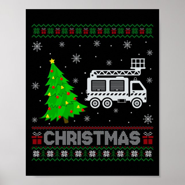 Fire Truck Xmas Tree Lighting Ugly Christmas Sweat Poster (Vorne)