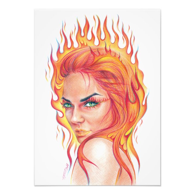 Fire Woman Surreal Fantasy Portrait zeichnend Kuns Fotodruck (Vorne)