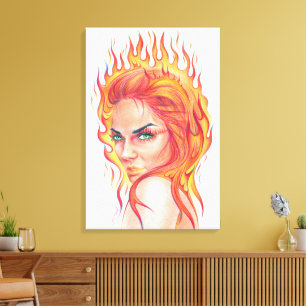 Fire Woman Surreal Fantasy Portrait zeichnend Kuns Leinwanddruck