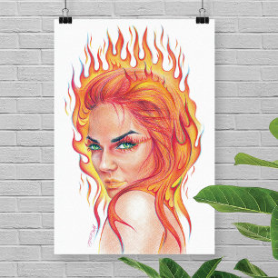 Fire Woman Surreal Fantasy Portrait zeichnend Kuns Poster