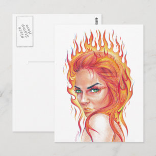 Fire Woman Surreal Fantasy Portrait zeichnend Kuns Postkarte