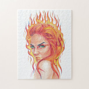 Fire Woman Surreal Fantasy Portrait zeichnend Kuns Puzzle