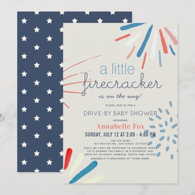 Firecracker 4. Juli Drive-by Baby Shower Einladung (Vorne/Hinten)
