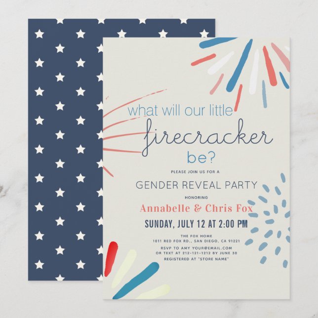 Firecracker 4. Juli Feuerwerk Gender-Bericht Einladung (Vorne/Hinten)