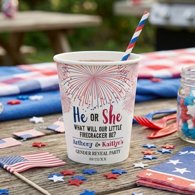 Firecracker 4. Juli Gender Reveal Party Pappbecher (Von Creator hochgeladen)