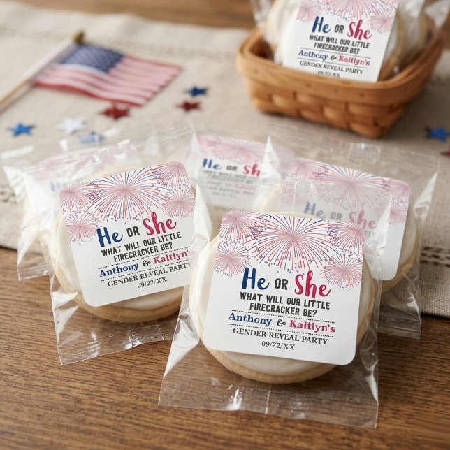 Firecracker 4. Juli Gender Reveal Party Quadratischer Aufkleber (Von Creator hochgeladen)