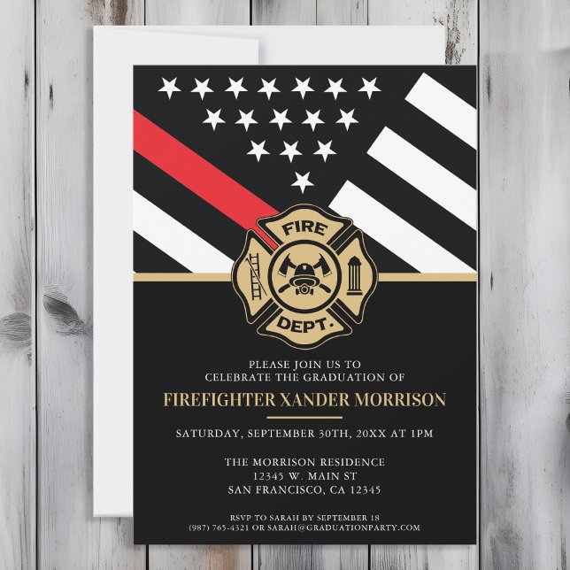 Firefighter Abschluss Red Line Flaggen Feuerwehrma Einladung (Perfect invitation to invite guests to celebrate the new fire academy graduate in fire fighting!)