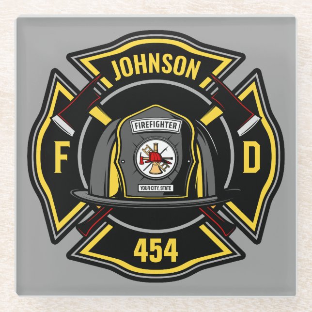 Firefighter ADD NAME Fire Department Rescue Team Glasuntersetzer (Vorderseite)