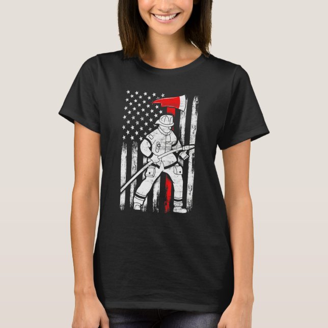 Firefighter American Flag Patriotic US Fireman 4th T-Shirt (Vorderseite)
