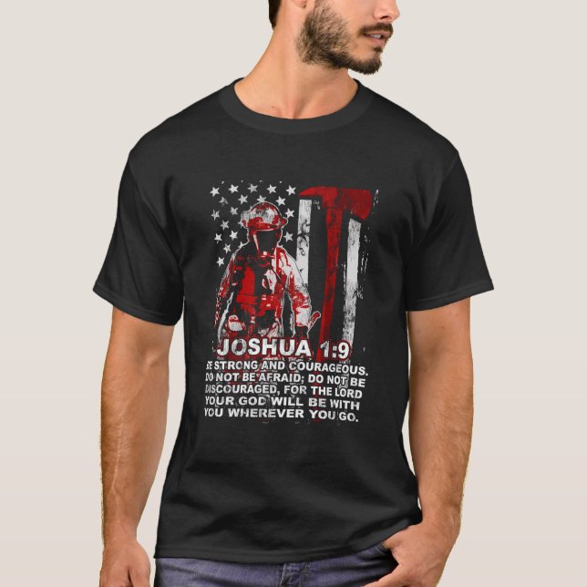 Firefighter Axe Thin Red Line Us Flag Joshua 19 Ch T-Shirt (Vorderseite)