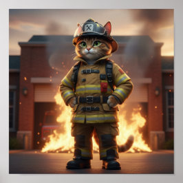 Firefighter Cat Poster – 3D Hero Cat Wall Art