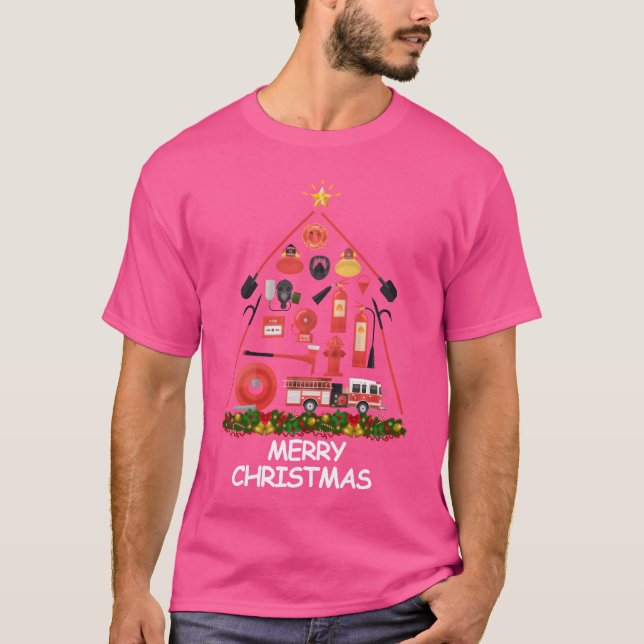 Firefighter Christmasree Frohe Weihnachten lustig T-Shirt (Vorderseite)