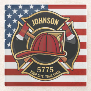 Firefighter Fire Rescue Department USA Flag Custom Glasuntersetzer