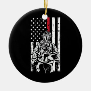 Firefighter Fireman American Flag Red Line Keramik Ornament