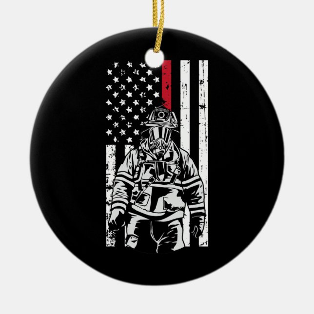 Firefighter Fireman American Flag Red Line Keramik Ornament (Vorne)