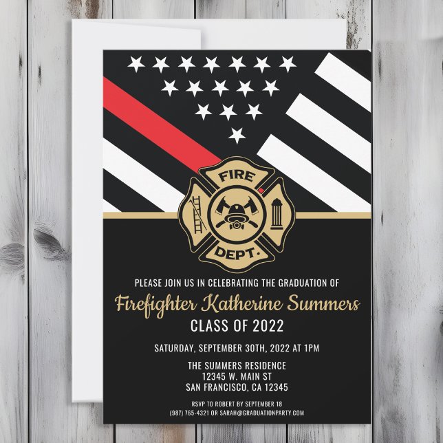 Firefighter Graduation Party Thin Red Line Flag Einladung (Perfect invitation to invite guests to celebrate the new fire academy graduate in fire fighting!)