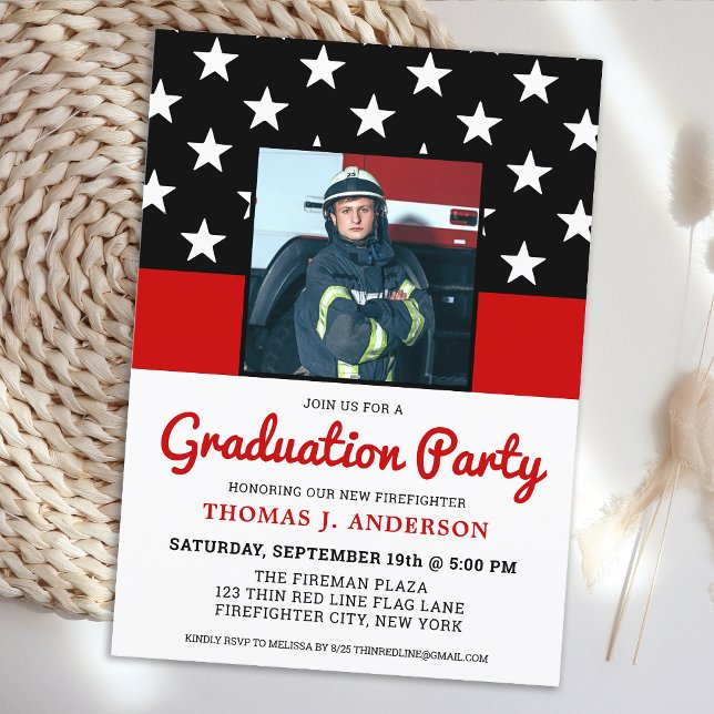 Firefighter Graduation Party Thin Red Line Foto Einladung (Von Creator hochgeladen)