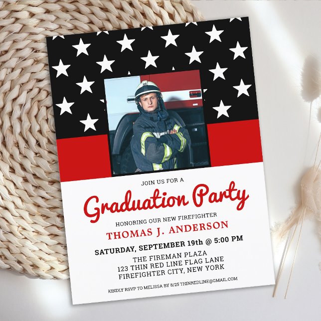 Firefighter Graduation Party Thin Red Line Foto Einladungspostkarte (Von Creator hochgeladen)