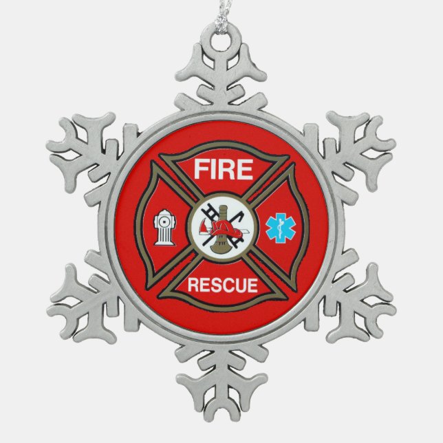 Firefighter Maltese Cross Schneeflocken Zinn-Ornament (Vorderseite)