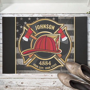 Firefighter NAME Fireman Fire Department USA Flag Fußmatte