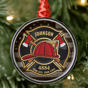 Firefighter NAME Fireman Fire Department USA Flag Ornament Aus Metall
