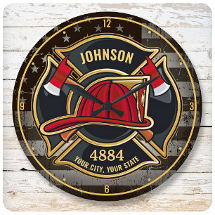 Firefighter NAME Fireman Fire Department USA Flag Runde Wanduhr