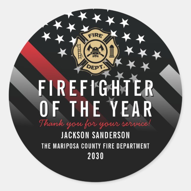 Firefighter of the Year Employee Logo Red Line Runder Aufkleber (Vorderseite)