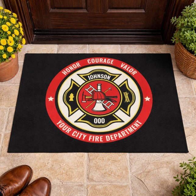 Firefighter Rescue ADD NAME Fire Department Abzeic Fußmatte (Von Creator hochgeladen)