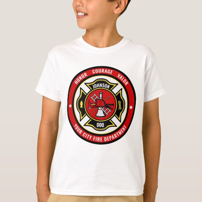 Firefighter Rescue ADD NAME Fire Department Abzeic T-Shirt (Vorderseite)