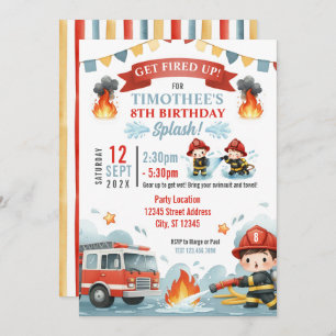 Firefighter Splash Boys Summer Birthday Pool Party Einladung